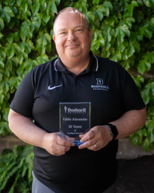 Continuing with our staff and faculty Years of Faithful Service recognitions, we're celebrating our ten year award recipients! Thank you for all that you have done for Bushnell!

🔹 Eddie Alexander - Head Men's Basketball Coach, Athletic Fundraising Coordinator
🔹 Tammy Bovee - Assistant Professor of Kinesiology
🔹 Jenée Cázares - Assistant Professor of Spanish and ESOL
🔹 Jason Corwin - Head Volleyball Coach
🔹 Dr. Gene James - Associate Professor
