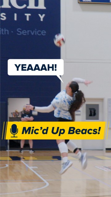 Avery and Emma serve up our next edition of Mic’d Up Beacs! 🗣️🎙️Listen to our volleyball team as they get some postseason practice in with some stretches, spikes, and chaos. @bushnellvball