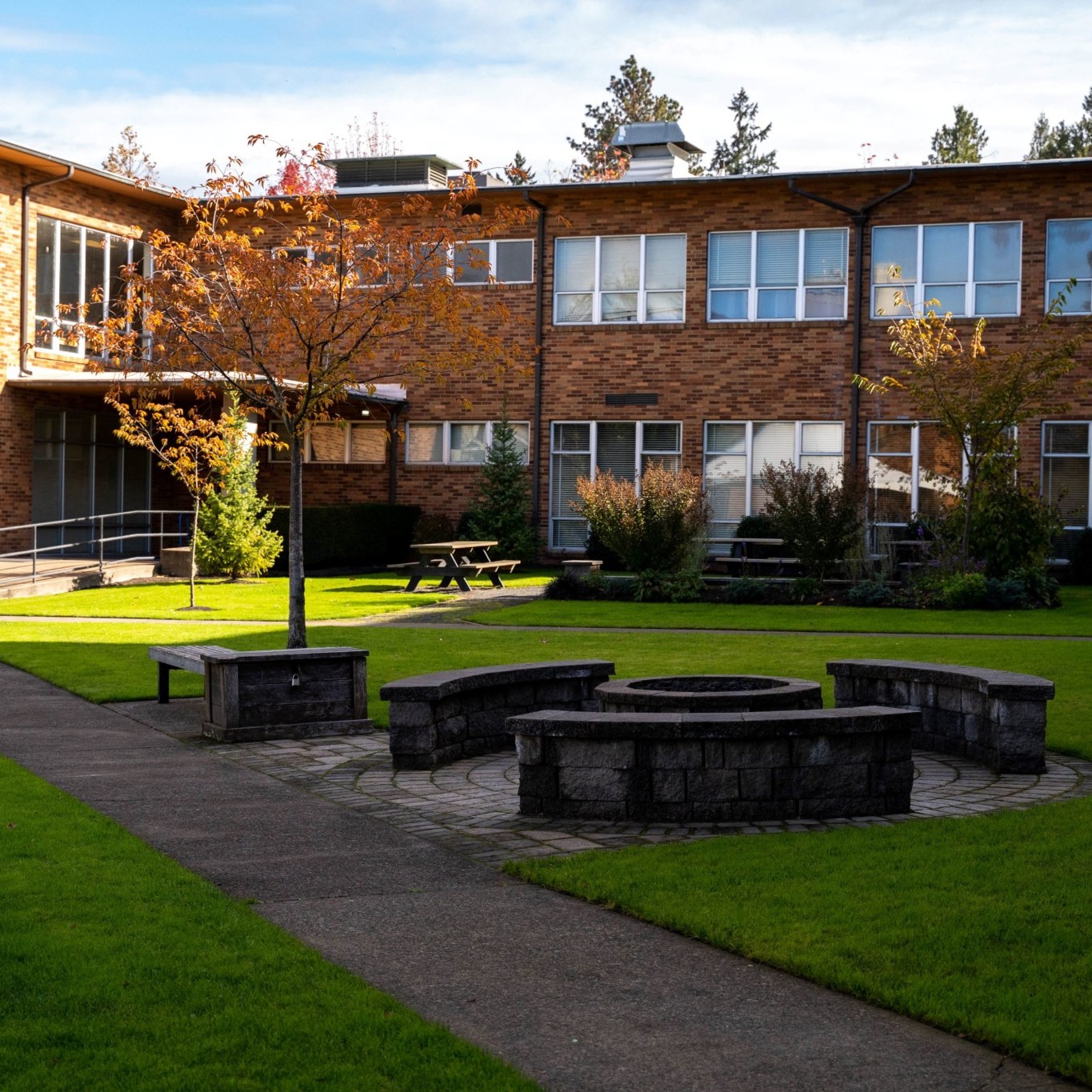 building on a sunny day with seating