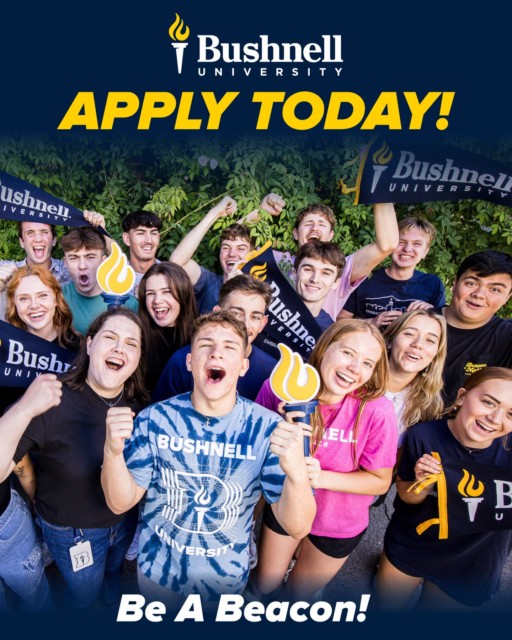 📣 Attention all future Beacons!
The Application for Bushnell University's 2027–2028 academic year is now open!

Apply for free at bushnell.edu or on Common App — and take the first step toward YOUR journey to becoming a Beacon.