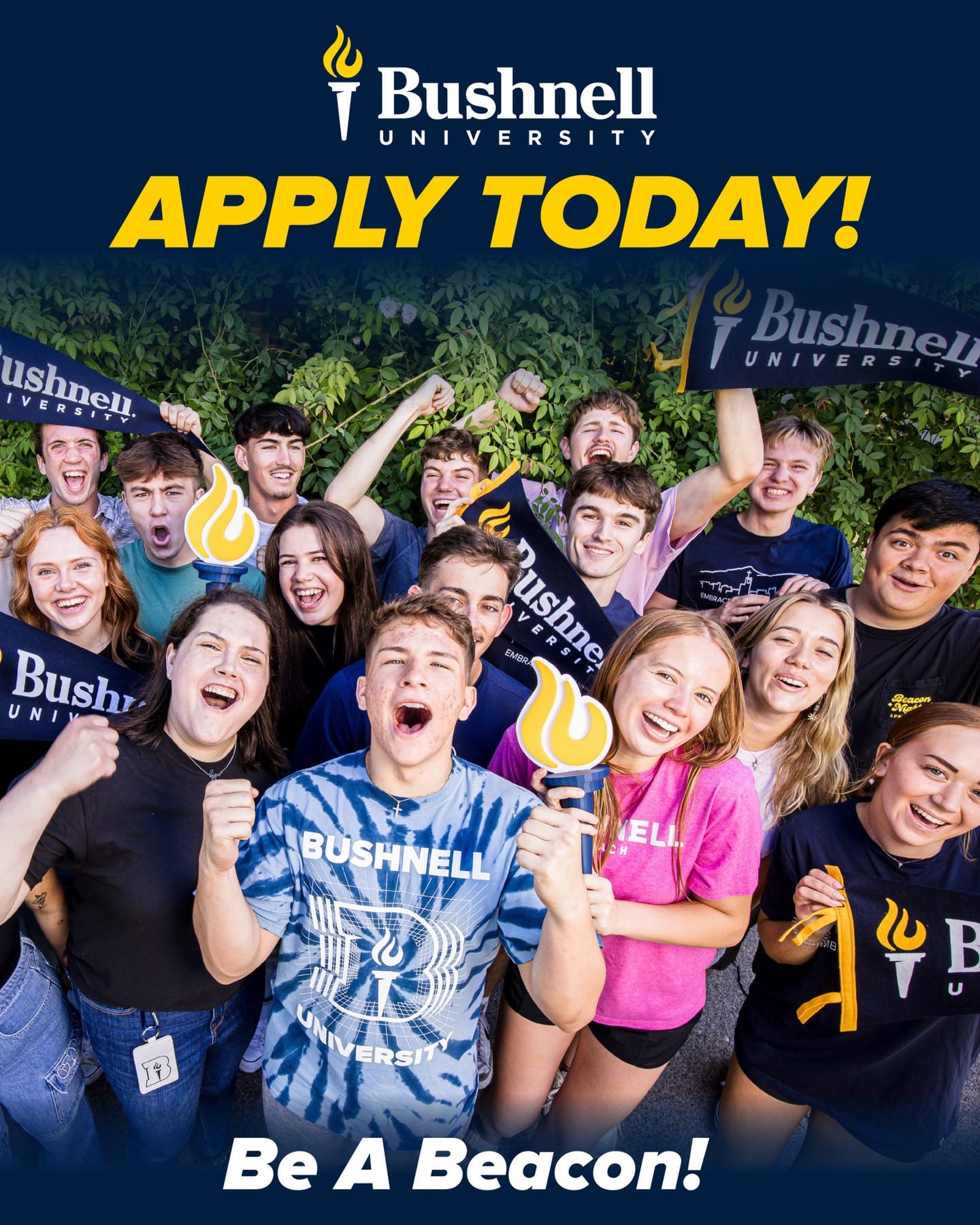 📣 Attention all future Beacons!
The Application for Bushnell University's 2027–2028 academic year is now open!

Apply for free at bushnell.edu or on Common App — and take the first step toward YOUR journey to becoming a Beacon.