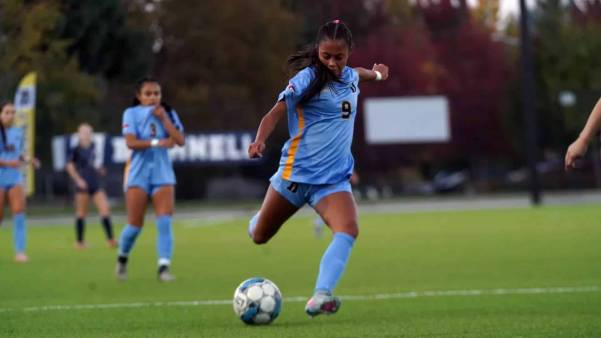 A person kicking a soccer ball during a game